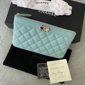 CHANEL Quilted Caviar Leather Zip Pouch in Mint Green with Gold Hardware